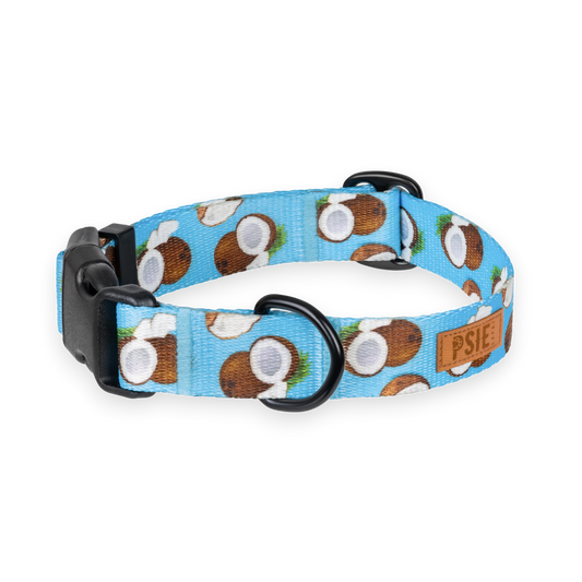 Regulowana obroża dla psa w kokosy – wytrzymała, z mocnymi okuciami.
