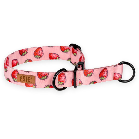 Obroża półzaciskowa dla psa w truskawki – wygodna, bezpieczna, mocne okucia.