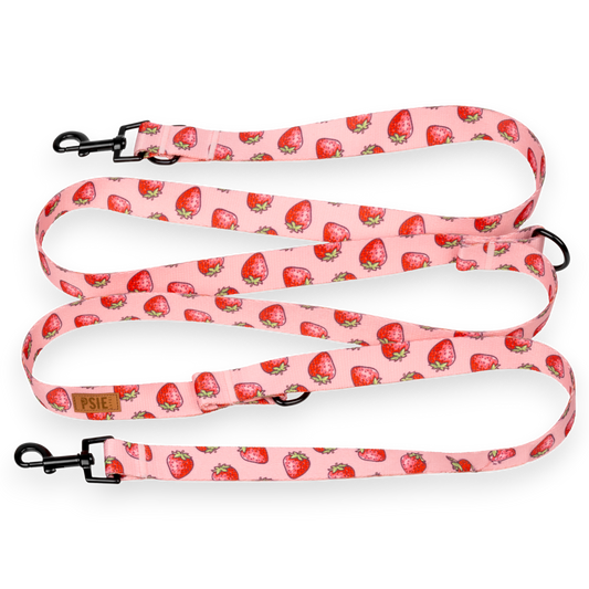 Smycz przepinana dla psa w truskawki - regulowana długość, mocne karabińczyki.