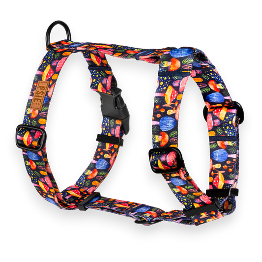 Szelki Guard w grzybki dla psa – regulowane, z mocnymi okuciami.