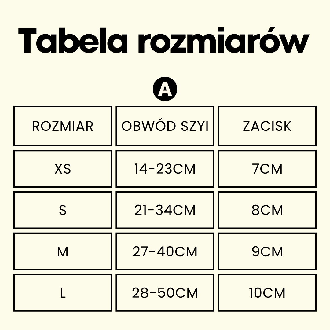 Tabela rozmiarów obroża półzaciskowa dla psa